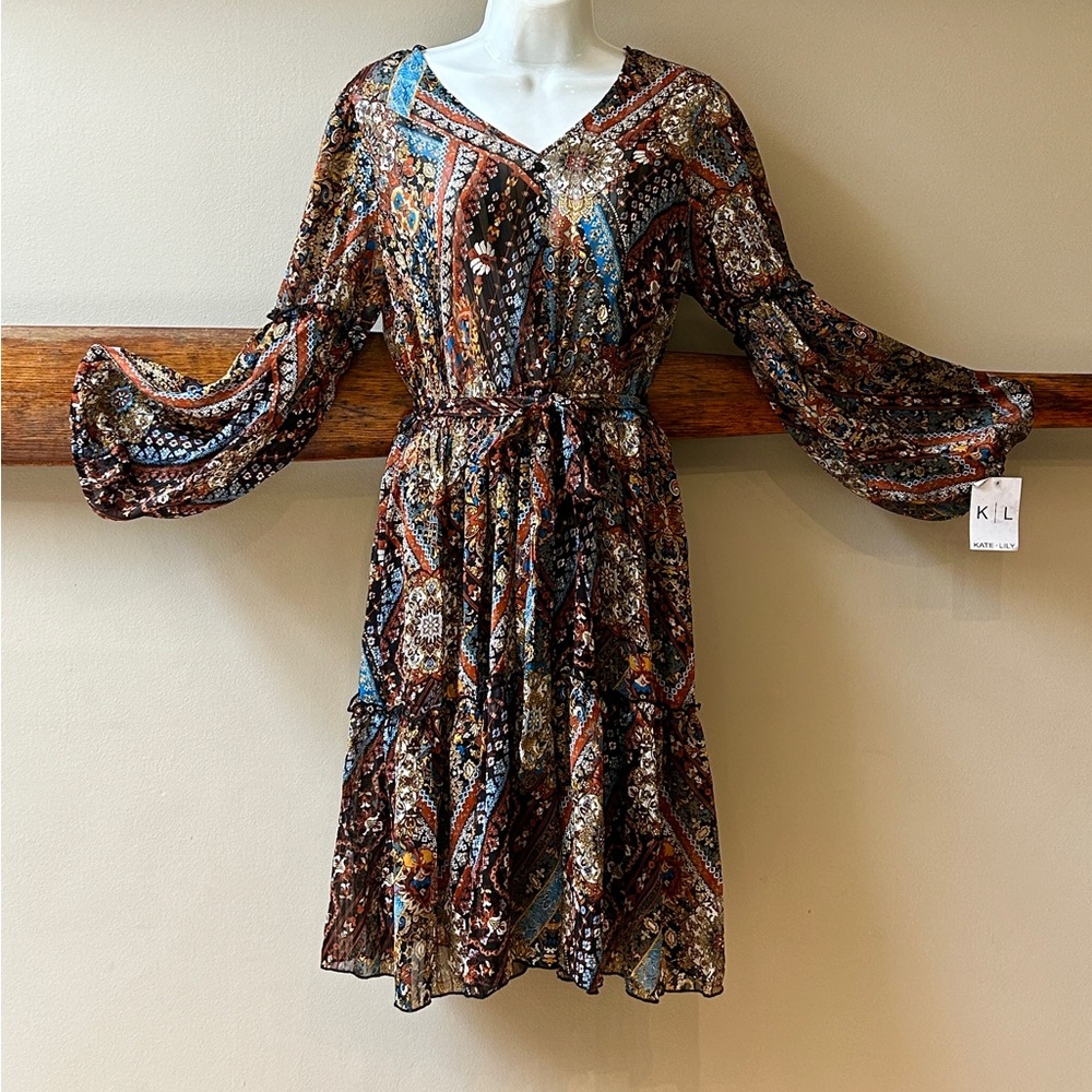 Kate and Lily Knee Length BOHO Tiered Dress with Balloon Sleeves Size 12